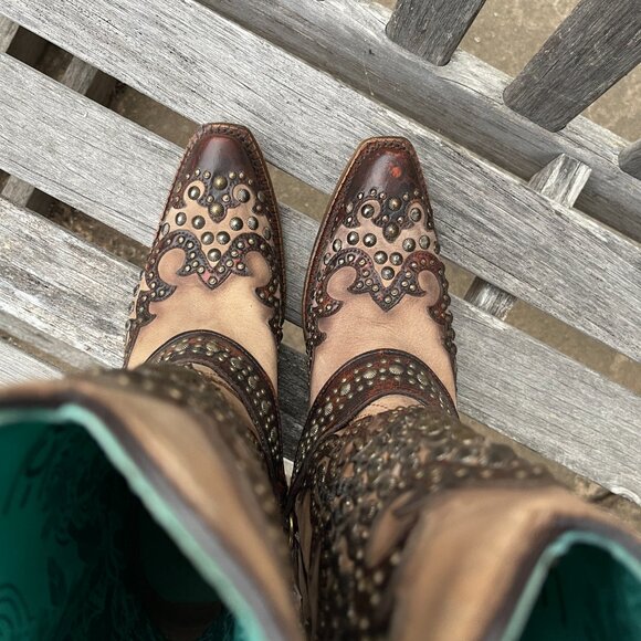 Corral Women's Sand/Overlay w/ Studs Brown Leather Boots!  Gorgeous! Size 7 1/2 - Picture 11 of 16